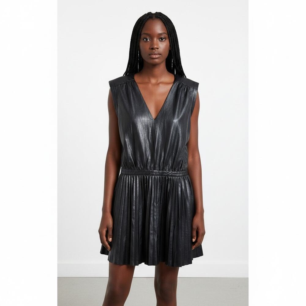 Ramy Brook Dress Size 10 Black Metallic Faux Leather Pleated Midi Snap Side